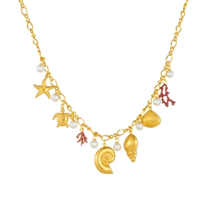 Gold stainless steel ocean necklace featuring starfish turtle and coral charms with pearls