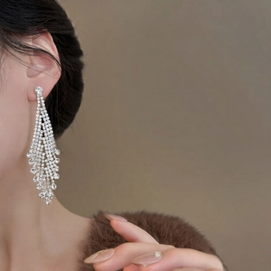 Silver waterfall tassel earrings with rhinestones shown on model side profile view