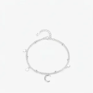 925 Sterling Silver Double Layer Bracelet For Women Elegant Star Moon Pendants Cubic Zirconia Beads Adjustable Jewelry