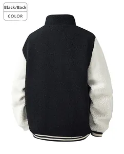 Detail view of the black and cream sherpa fleece jacket back with striped ribbed cuffs