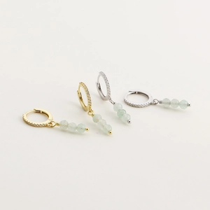 S925 silver hoop earrings with faceted green aventurine beads in gold and silver finish
