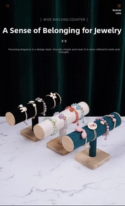 Bamboo wood T-bar jewelry display stands with velvet rolls for bracelets and watches