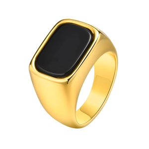 Polished gold stainless steel signet ring with a rectangular black stone for men