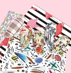 Water transfer nail stickers featuring floral, plaid, and abstract watercolor designs