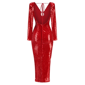 Detail of red sequined backless dress with elegant lace-up tie closure and slim fit