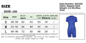 Detailed size chart for sexy hollow-out bodysuit showing cm measurements for S M L sizes