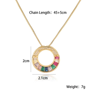 18K gold plated necklace with hollow round pendant featuring colorful zircons and size specs