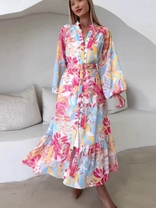 Blumenmuster Polyester Maxi Kleid Lange Laternenärmel Knöpfe Gürtel Boho Urlaub Elegant Damen