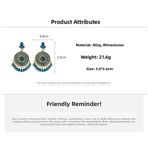 Detail showing bohemian round earrings with blue rhinestones and bead tassels, 5.9x3.6cm