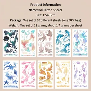 Set of 10 colorful koi fish temporary tattoos with aquatic elements 12x6.8cm size