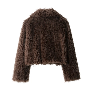 Back view of dark brown faux fur jacket with fluffy short cut and long sleeves