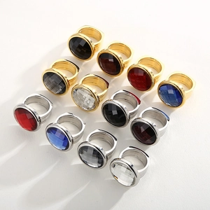 Luxurious round gemstone rings in multiple colors with gold and silver titanium steel bands