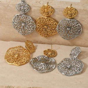 Hollow flower stainless steel earrings with gold and silver plated cutout texture