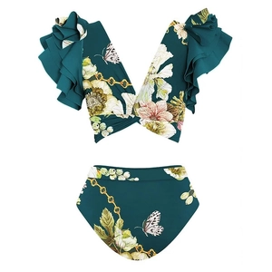Detail of V-neck ruffled bikini set with tropical floral, butterfly, and chain print design