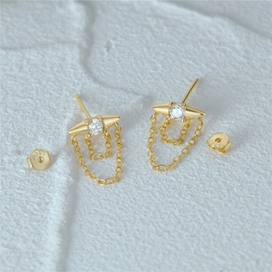 Macro shot of 925 silver double chain earrings with crystal stud and S925 hallmark