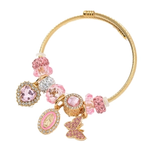 Religious charm bangle with pink heart crystal, cross medal and butterfly pendants