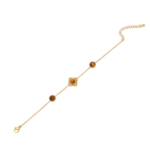 Maillard style golden tiger eye bracelet with geometric sun flower charm and fine link chain