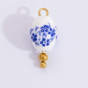 18k gold plated stainless steel earring pendant with oval blue and white porcelain bead