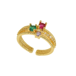 Luxurious 14K gold plated ring featuring vibrant green, red, and purple zircon gemstones