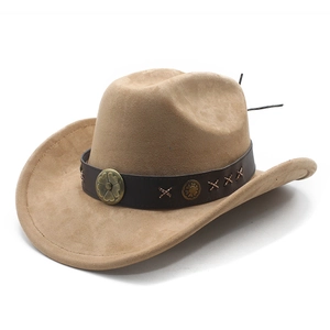 Chapeau de jazz en laine kaki avec ceinture ethnique en daim et rivets vintage