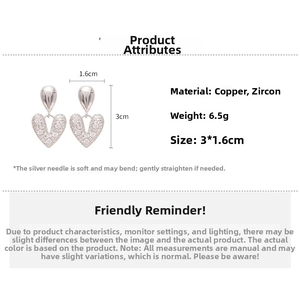 Tableau détaillé des tailles et poids pour boucles d'oreilles cœur en zircon argenté