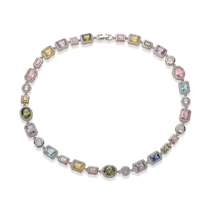 Macro shot of silver choker with multi-colored crystals and intricate micro-pave setting