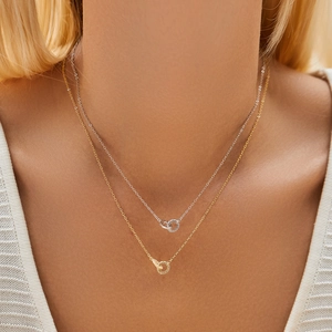S925 sterling silver interlocking double ring necklace in gold and silver finish