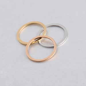 Flat lay of 25mm round stainless steel rings in gold, silver, and rose gold finishes