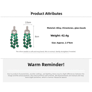 Detail view of dark green glass bead tassel earrings with dimensions and rhinestones
