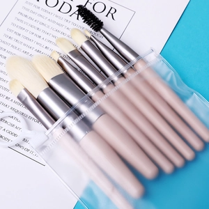 8-piece beige makeup brush set with foundation and eyeshadow brushes in clear pouch