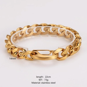 Polished 14mm gold stainless steel Cuban link bracelet for men on acrylic stand