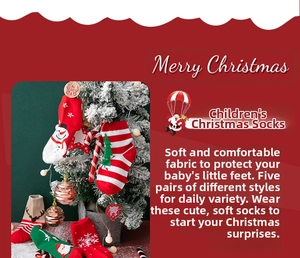 Detail of five pairs of cotton Christmas socks for kids with reindeer and snowman patterns