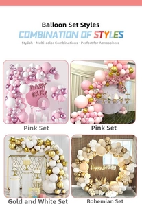 Detailed views of diverse party balloon arch kits including pink, gold, and beige latex sets
