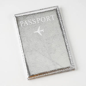Silver PU leather passport cover with metallic cracked texture and airplane icon