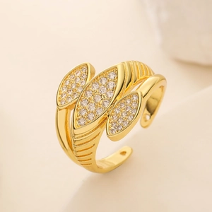 Gold plated 18K geometric open ring with marquise-cut zircon stones for women