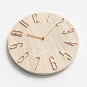 Minimalist 12 inch wall clock with rose gold numerals and wood texture dial for living room