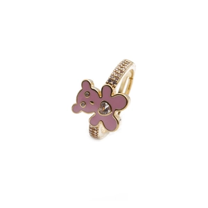 Gold-plated bear ring with pink enamel and heart-shaped zircon on a white background