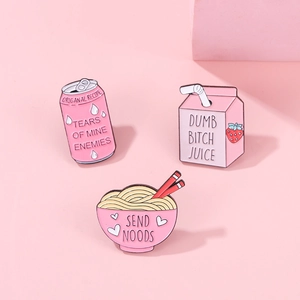Pink enamel pin set with funny quotes: Strawberry milk, juice box, and ramen bowl badges