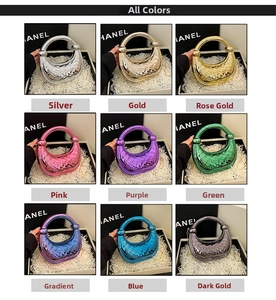 Collage showing nine colors of crescent acrylic handbags with metallic mirror finish