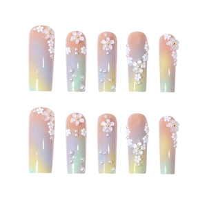Long square ombre press on nails with white flowers and pearls, macaron gradient set
