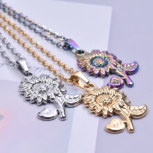 Sunflower stainless steel necklaces in gold, silver, and rainbow finishes for women