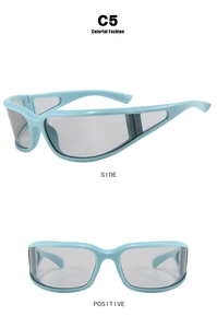 Detail view of light blue Y2K sports sunglasses with hollow side temples and grey lenses