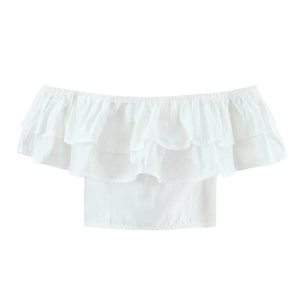 Detail showing white off-shoulder crop top with double-layered ruffles and cotton texture