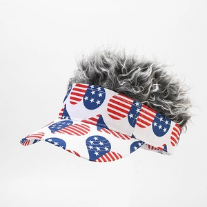 Detail view of American flag pattern sun visor with textured grey curly hair wig top