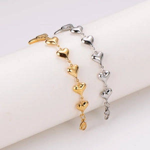 Polished stainless steel bracelets with hollow heart charms in gold and silver finishes
