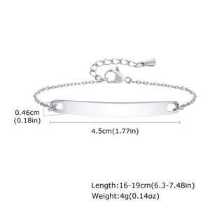 Detail showing dimensions of silver ID bar bracelet with lobster clasp and extension chain