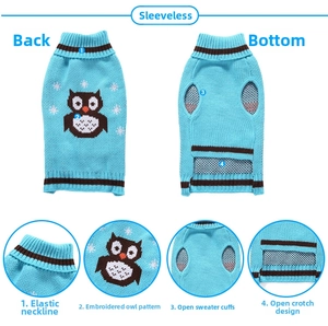 Detail view of blue striped pet sweater showing elastic collar and owl embroidery