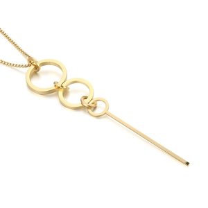 Vintage long titanium steel necklace with gold geometric triple circle pendant for women