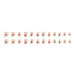 Short square press-on nails set with red maple leaf patterns and gold-edged french tips