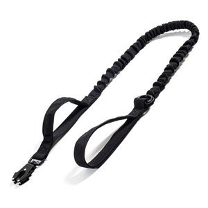 Tactical nylon dog leash with dual handles and elastic bungee for outdoor training black color